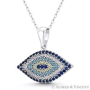 Evil Eye Luck Charm CZ & Nano Crystal Pendant in .925 Sterling Silver w/ Rhodium
